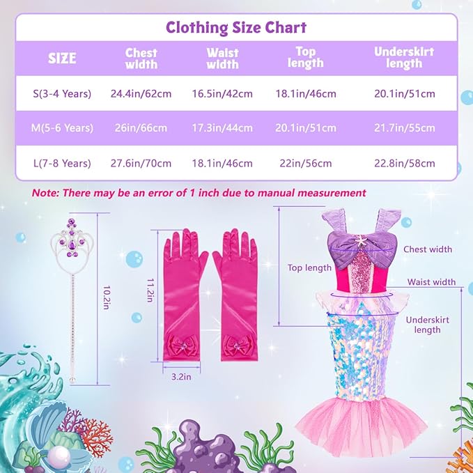 Meland Mermaid Dress - Little Mermaid Costume with Bag for Girls 3-10, Princess Dress Up for Birthday Gift, Halloween Costume