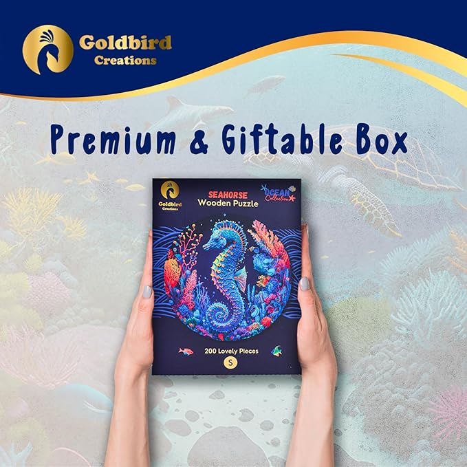 Wooden Puzzles for Adults - Eco-Friendly Wood Puzzles 200 Pieces - Premium Gift Box - Jigsaw Puzzles for Family Activity - Whimsical Shape Puzzle Pieces - Seahorse