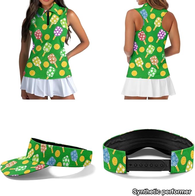 POLERO Golf Tank Top Women Golf Shirts and Visor Hat Collared Racerback Tennis Shirt Set Quarter Zip