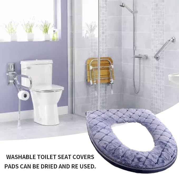 Toilet Seat Cover, Toilet Seat Cushion Warmer Washable Cover Pads with Zipper, Grey