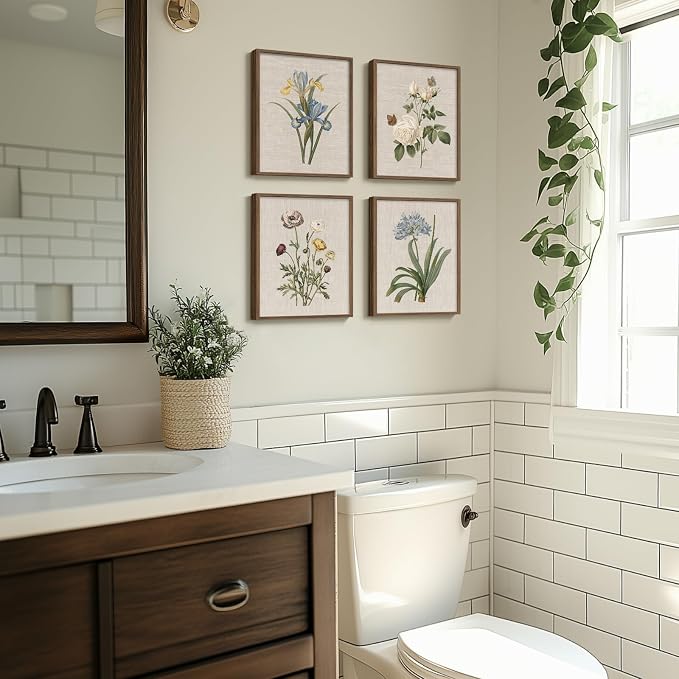 Framed Vintage Floral Botanical Wall Art for Bathroom, 4 Piece 8x10 In | Farmhouse wall decor, Flower pictures, Rustic retro paintings, Ready to hang canvas prints, Kitchen bedroom home decor