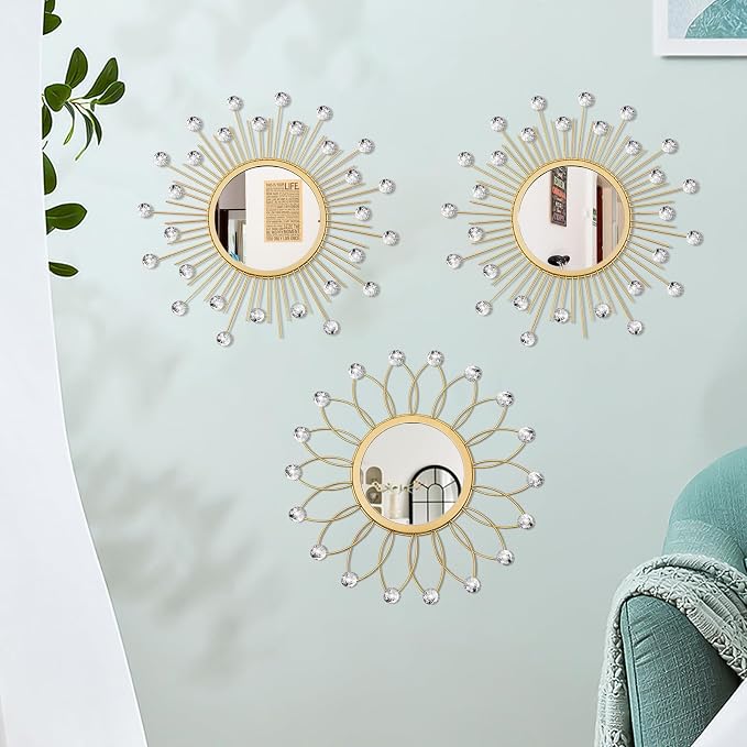 3 Pack Metal Mirrors for Wall Sunburst Wall Mirrors Home Décor Decorative Hanging Wall Art for Living Room Bedroom Entryway (Gold Crystal, Flower+Sunburst)