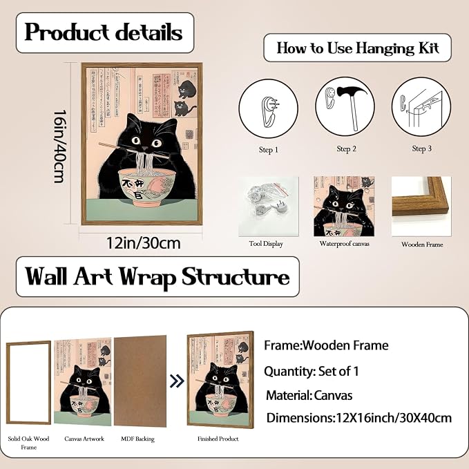 Funny Japanese kitchen Black Cat Wall Art, Whimsical Cat Eating Noodles Wall Decor Painting, Cute Animal Canvas Poster Eclectic Pet Dining Room Prints Artwork Wood Framed 12x16 inch