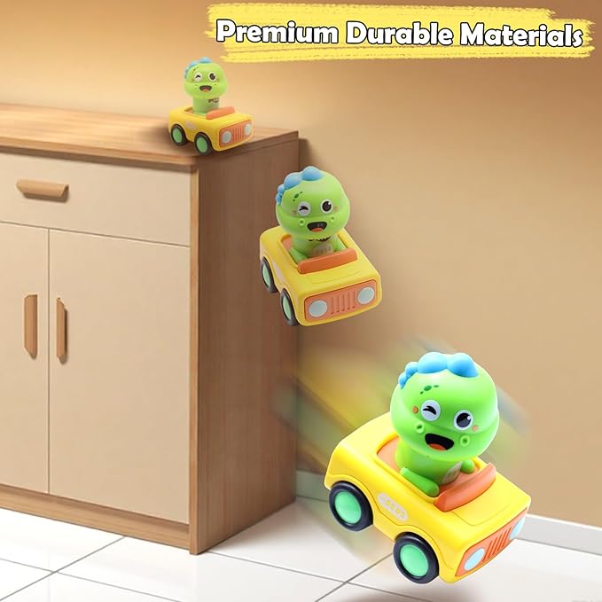 Pbooo Press to Go Toddler Toy Cars, Dinoaur Car Toys for Toddlers 1-3, Kids' Play Vehicles and Race Cars, Push Go Cars for 6-12-18 Month, Ideal Christmas and Birthday Gift for 1-2 Year Old Kids