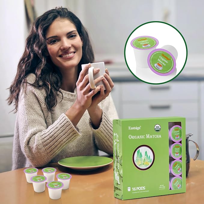 Eastsign Organic Matcha Green Tea K Cups for Keurig, 16 Count Matcha Tea Pods, Matcha Latte K Cups, Smooth Single-Serve Green Tea Pods for Hot or Iced Drinks