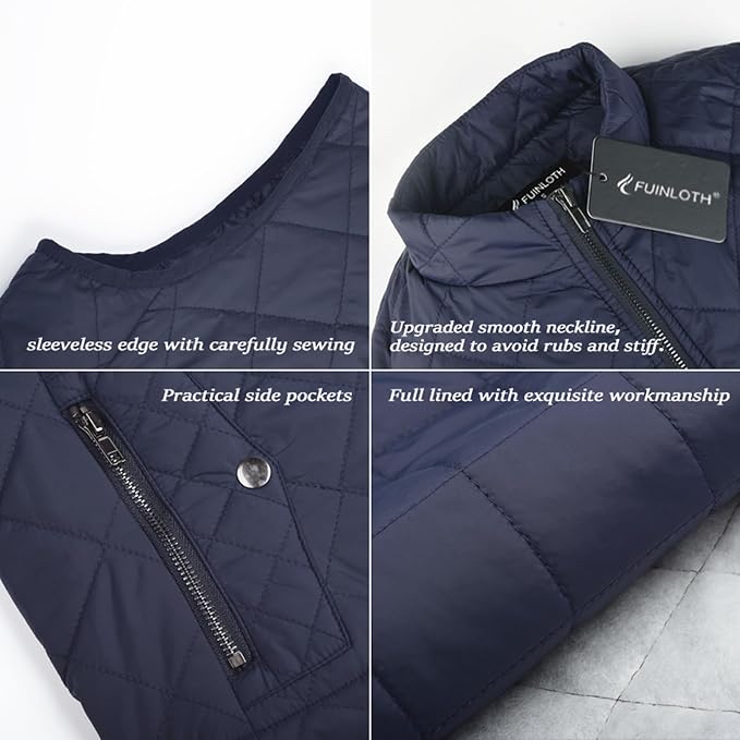 Fuinloth Women's Quilted Vest Lightweight Puffer Stand Collar Zip Gilet | 4 pockets with 2 inner storage. Quilted padded warm gilet. Fall winter outerwear layering vest for travel hiking daily wear.