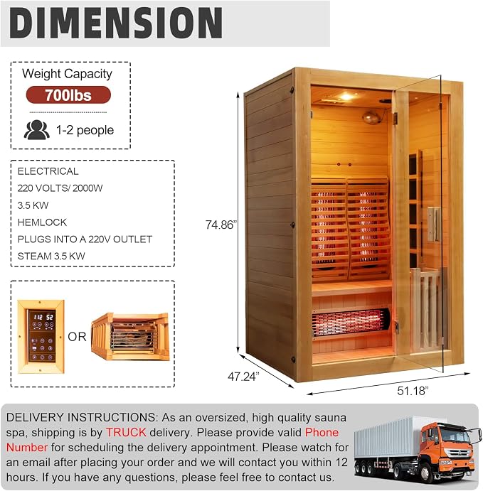 Infrared & Steam Dual-System Sauna Room, 2 Person Canadian Hemlock Sauna with Backrest, Indoor Traditional Home Saunas Spa with 6 Heaters & 3.5KW Sauna Stove, Oxygen Bar, 51.18"x47.24"x74.86"