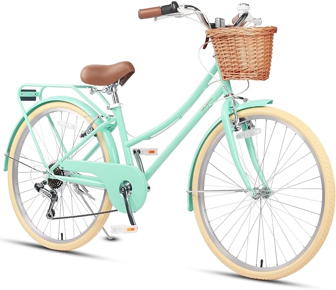 Glerc 20 24 26 Inch Beach Cruiser Bike, 6-Speed Hybrid City Bicycle for Girls Youth and Over 6 Years Old, Missy Bike with Wicker Basket & Lightweight, Multiple Colors
