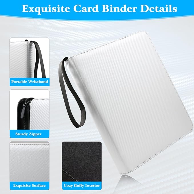 WOT I Trading Card Binder, 900 Pockets Baseball Card Binder Sleeves with Zipper, Double Sided Pockets Card Holder Carry Card Case for Baseball Card, Football Card(Silvery White), WO-CB-9-10