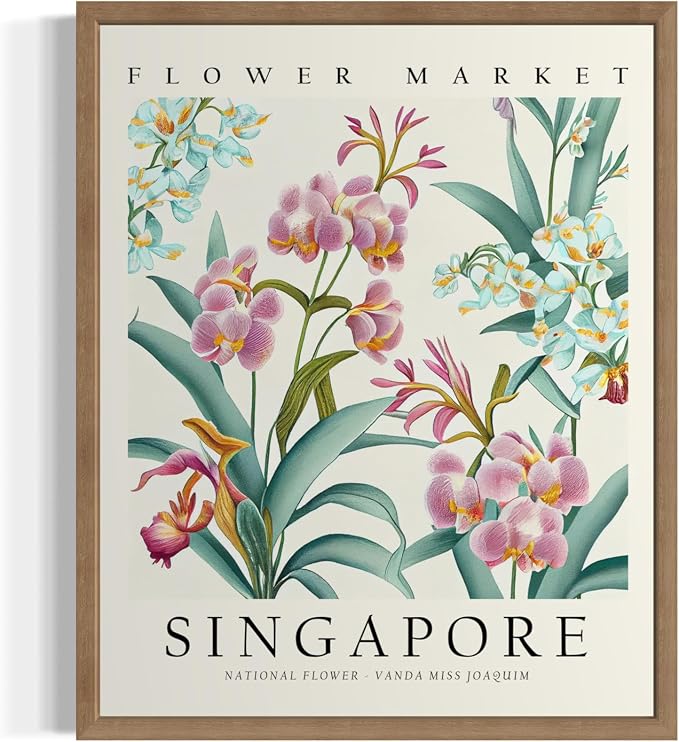 Singapore Flower Market Art Print Poster, Wall Art Floral Painting Botanical Decor for Bedroom, Kitchen, Bathroom Livingroom Decoration 82B (Singapore,10"L x 8"W, Wood Frame)