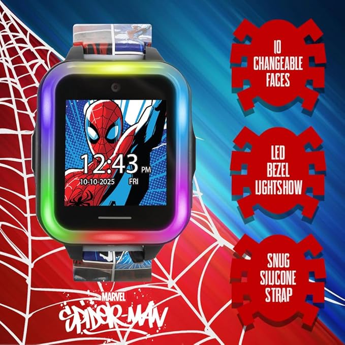 Marvel Spider-Man Kids Smart Watch with Touchscreen Camera Games Voice Recorder Flashing Bezel Alarm Stopwatch Step Counter Printed Silicone Band Fits Wrist Sizes 5.5” to 8”