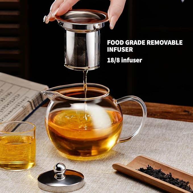 PARACITY Glass Teapot Stovetop 34OZ, Borosilicate Clear Tea Kettle with Removable 18/8 Stainless Steel Infuser, Teapot Blooming and Loose Leaf Tea Maker Tea Brewer (transparent, 34oz/1000ML)