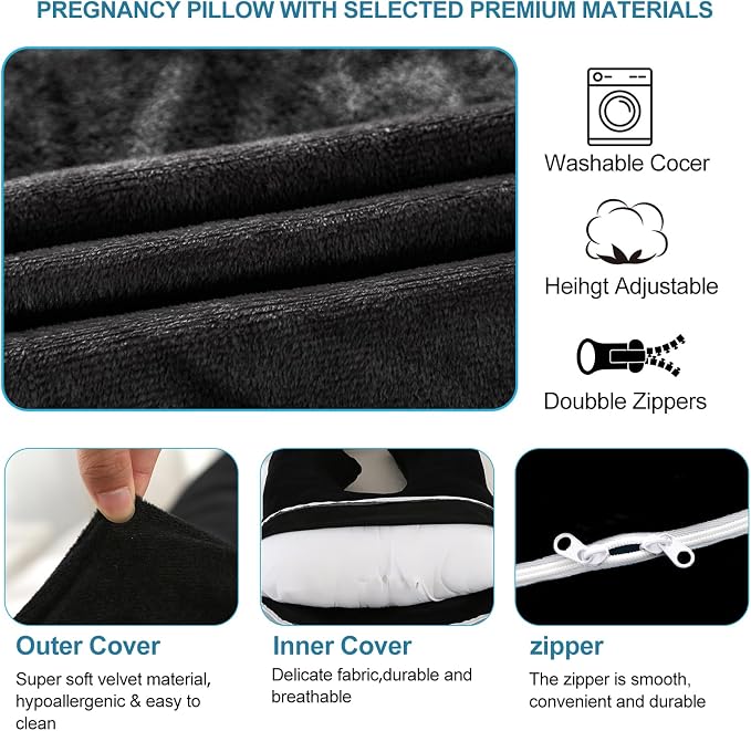 Jcickt Pregnancy Pillow for Sleeping,59 inch Maternity Pillow with Removable Washable Cover,J-Shaped Velvet Full Body Pregnant Pillow -Support for Backs,Legs, Belly, HIPS, Improve Sleep-Black
