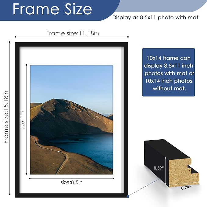 10x14 Picture Frame Set of 6, Wall Mount Display, Black | Display Pictures 8.5x11 with Mat or 10x14 Without Mat, Horizontal or Vertical, Gallery Wall Frame Set, Wedding Birthday Gifts