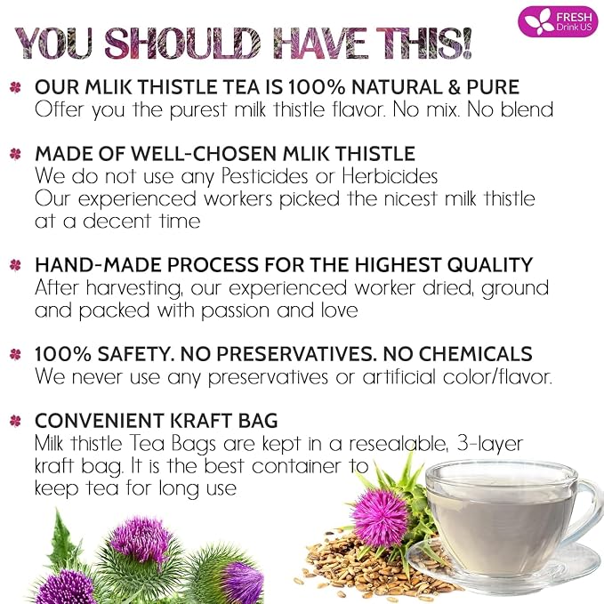 Premium 135 Milk Thistle Tea Bags, 100% Natural & Pure from Milk Thistle Seeds. Made with Natural Material Tea Bags. No Sugar, No Caffeine, No Gluten, Vegan, Promote Cleansing & Wellness - With Antioxidants & Minerals