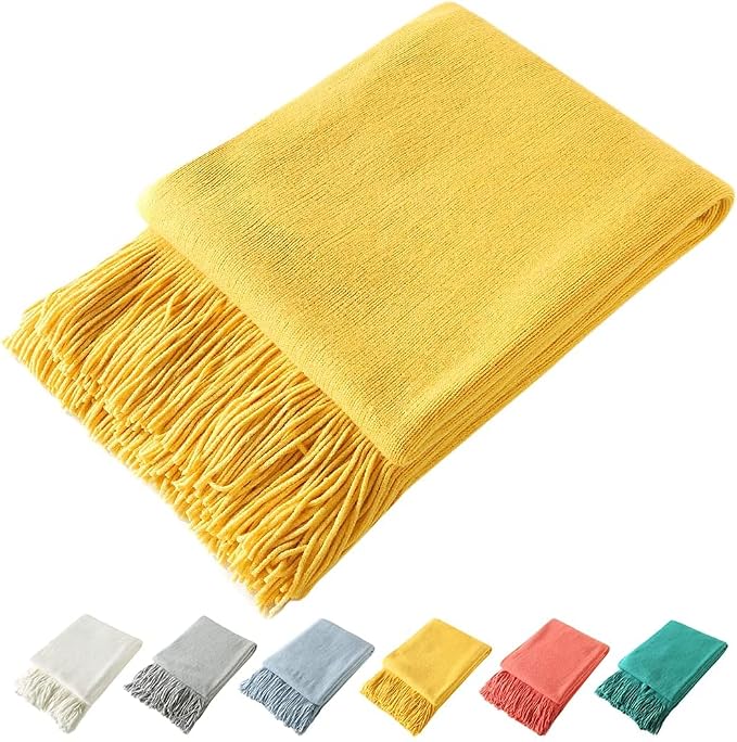 Homiest Yellow Knitted Throw Blanket with Fringe, 60x80 Inch | Pure Acrylic, Lightweight & Breathable, All-Season Use, Machine Washable, Wrinkle & Fade Resistant, for Couch Sofa And Bed