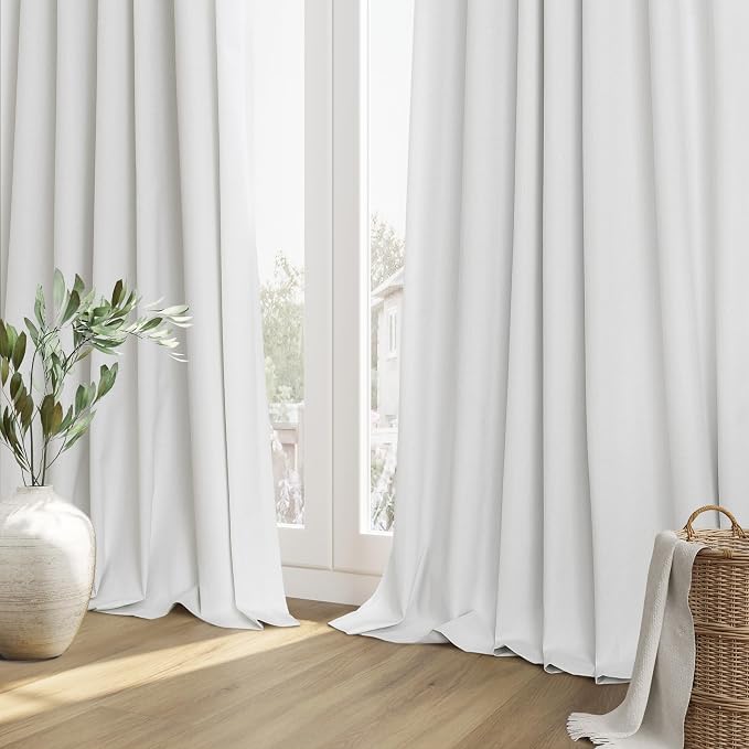 Guken White 100% Blackout Linen Curtains 52 Inch Wide by 76 Inch for Living Room Bedroom Back Tab/Rod Pocket Thermal Insulated Black Out Linen 2 Drapes Room Darkening Window Curtains