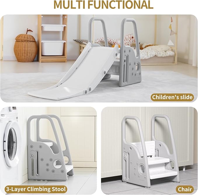 3 in 1 Toddler Large Play Climber Slide PlaySet with Extra Long Slipping Slope Indoor Kids Slide Toddler Playground Toddler Slide Outdoor Toys for Toddlers (Gray)