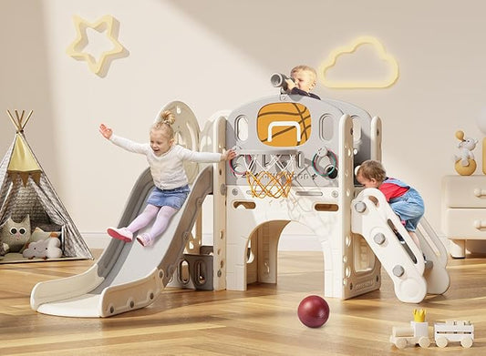 BIERUM 9 in 1 Toddler Slide, Kid Slide for Toddlers Age 1-3 with Ring Toss, Basketball Hoop, and Telescope, Indoor Outdoor Playset Playground Beige Gray