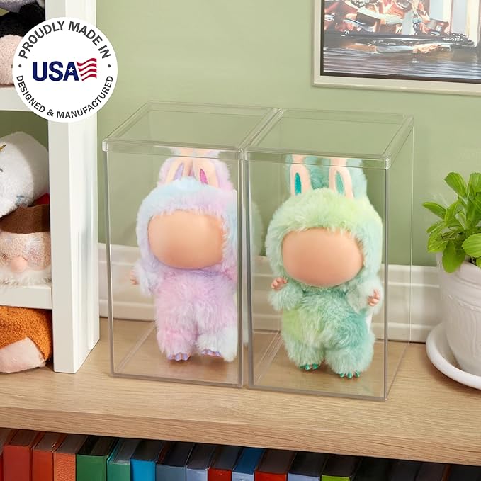 STORi Clear Plastic Stackable Display Case with Lid, Set of 2, Store Figurines, and Plush Collectibles, Box for Action Figures, Made in USA