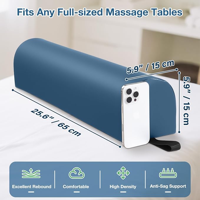 Noverlife 3/4 Round Massage Bolster, 26x6x6 inch Leg Bolster for Massage Table with Strap Handle PU Leather Bolster Pillow for Legs, Physical Therapy Bolsters Under Back Knee Ankles Pain Relief - Blue