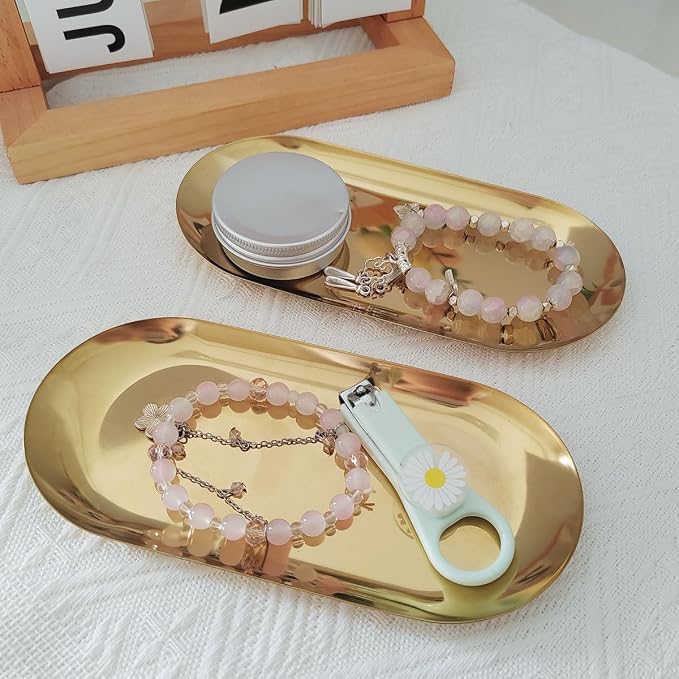 2 Pcs 7" Stainless Steel Decorative Jewelry Tray Ring Holder Dish | Jewelry for Ring Dish Cosmetics Organizer Bathroom Clutter Serving Platter Small Storage Tray, Oval, Gold