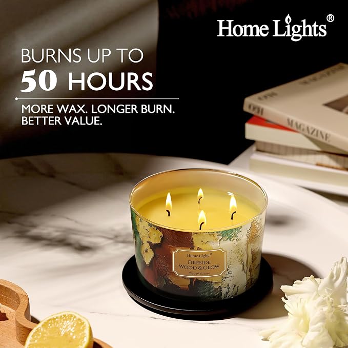 HomeLights 4-Wick Candles for Home Scented - 18oz Soy Wax Blend Candle Long-Lasting Fragrance, Industrial Chic Home Decor and Housewarming Gifts, Fireside Wood & Glow