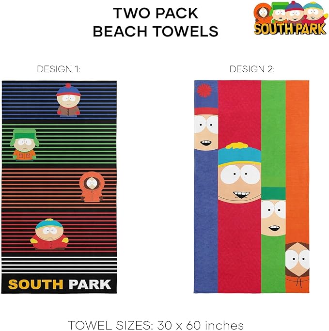 NORTHWEST South Park Beach Towel 2-Pack, Oversized, Soft, Absorbent, Sand-Free & Quick-Drying Pool Towels, Featuring Class Pic & Stripe Designs 30" x 60"