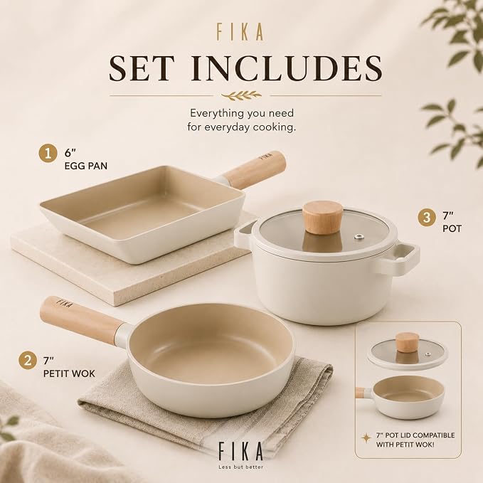 Neoflam FIKA 4-Piece Mini Cookware Set for 1–2 People, Includes Egg Pan, Petit Wok and Small Pot with Shared 18cm Glass Lid, Ceramic Nonstick, Induction Compatible, All Stovetops, Made in Korea