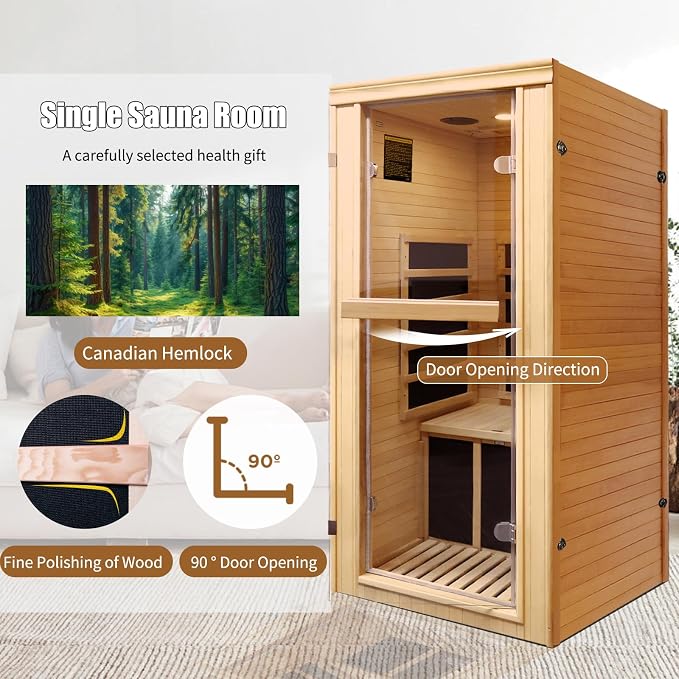 Sauna, Infrared Saunas for Home, Low EMF Indoor Sauna Room Dry Sauna Wood Build Hemlock 1 Person Sauna with Tempered Glass Door/Speakers/Air Hole -Single Person Sauna 32.3 * 28.4 * 61.4"
