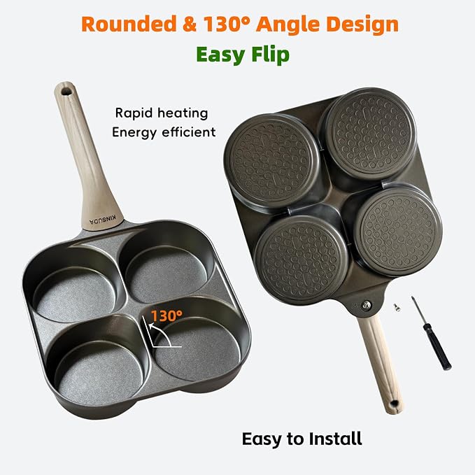 4-Cup Divided Titanium Nonstick Egg Skillet, 4-In-1 Breakfast Pan for Eggs, Pancakes, Crepes, Patties & Omelettes, Induction & Gas Compatible, PFOA/PTFE Free