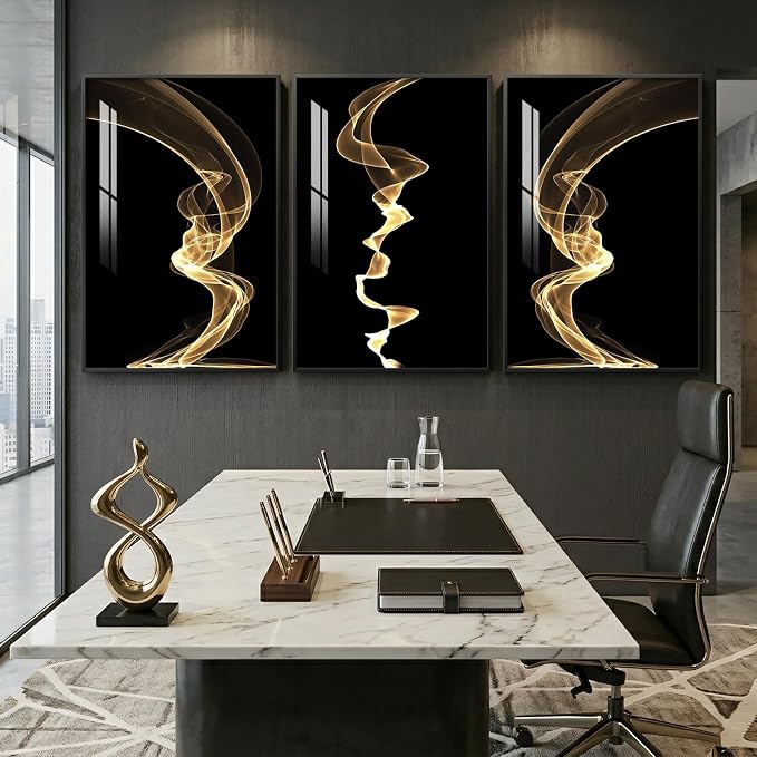 3 Piece Large Framed Abstract Wall Art for Living Room, Black and Gold Modern Artwork for Walls, Contemporary Luxury Bright Style Pictures Prints Paintings for Hallway Office Wall Decor 24x36 Inch