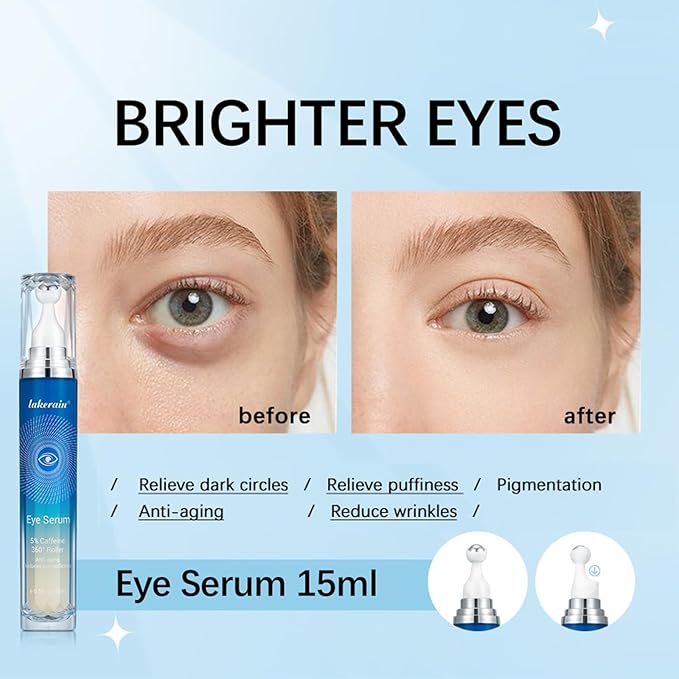 5% Caffeine Eye Serum with 360° Massage Roller Serum for Dark Circles & Relieve Puffiness, Reduce Wrinkles and Fine Lines, Bags, Tighten Lifting Under Eye Cream-0.5 OZ