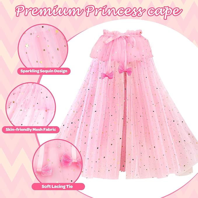 Princess Dress Up Clothes for Little Girls, 10 Pcs Toddler Dress Up Toys, Princess Cape with Crown, Wand, Jewelry, Princess Play Toys Gifts for 3 4 5 6 Year Old Girls(Pink)