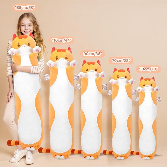 Long Cat Plush 5 Sizes, 120% Extra Filling Giant Plushness Kids Body Pillow, Kawaii Cute Brown Cat Stuffed Animals Plushies, Big Long Body Pillow Cat Plush Gift for Girls 44”