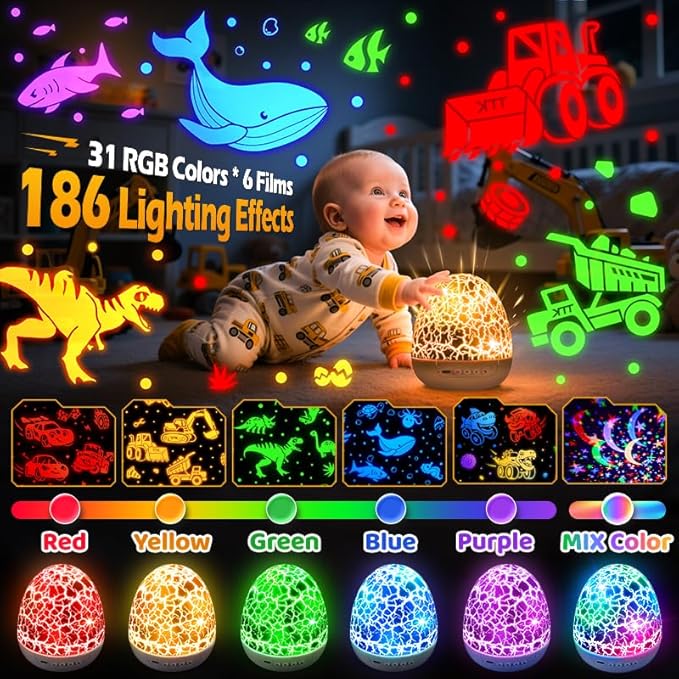 Pikoy Construction Excavator Toys【15 Sounds & 6 Films】Truck Toys for Ages 5-7[31 Colors & Remote Control] Dinosaur Egg Light for Nursery Toddler Boys Birthday Gifts 1-8 Years Old Easter Gifts for Kids