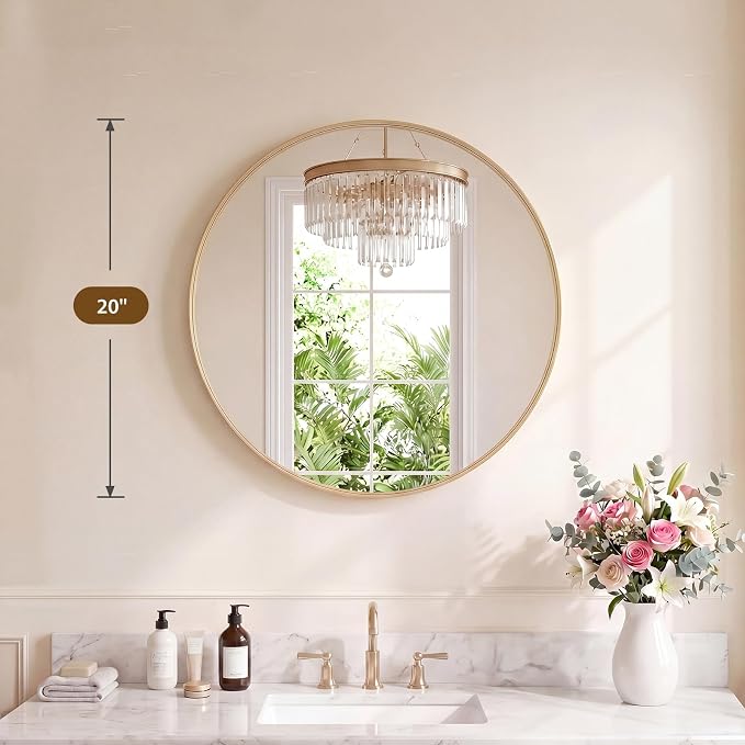 Sweetcrispy Bathroom Round Mirror for Over Sink, 20 Inch Wall Circle Mirror with Matte Metal Frame, Modern Wall Mount Vanity Mirrors for Home Decor, Living Room, Bedroom, Gold