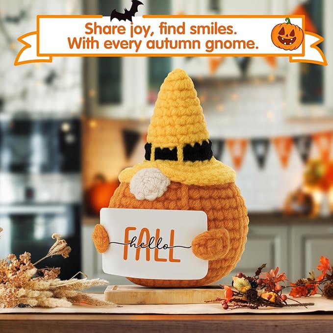 Hello Fall Handmade Halloween Witch Hat Crochet Pumpkin Gnome Plush - Autumn Season Thanksgiving Home Office Harvesting Color Table & Desk Decor Christmas Ornaments