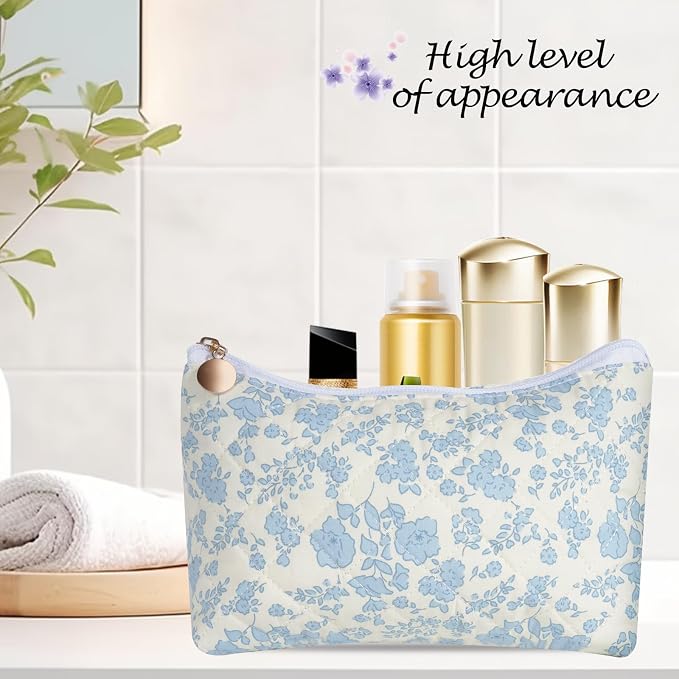 Quilted Cotton Makeup Bag, Coquette Quilted Toiletry Bag for Women and Girls, Floral Coquette Pouch, Cute Kawaii Travel Cosmetic Bags (Blue Floral)