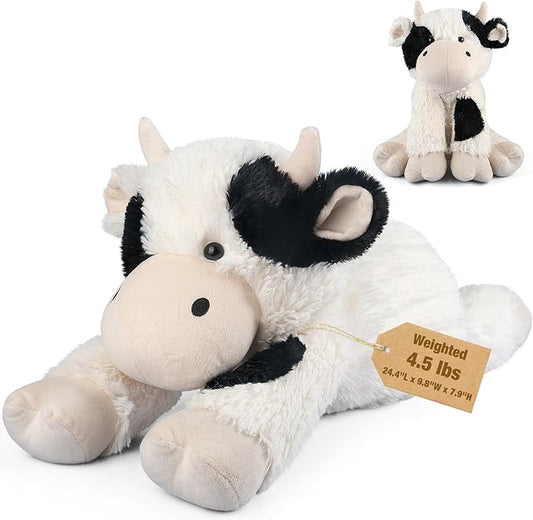 Bobbie & Laxi 24" & 4.5 lbs Weighted Cow Stuffed Animal, Adjustable Sitting & Laying Plush Toy Pillows with Removable Ceramsite Bag for Companion, Cuddly & Soft Gifts for Adults, Kids, Boys and Girls
