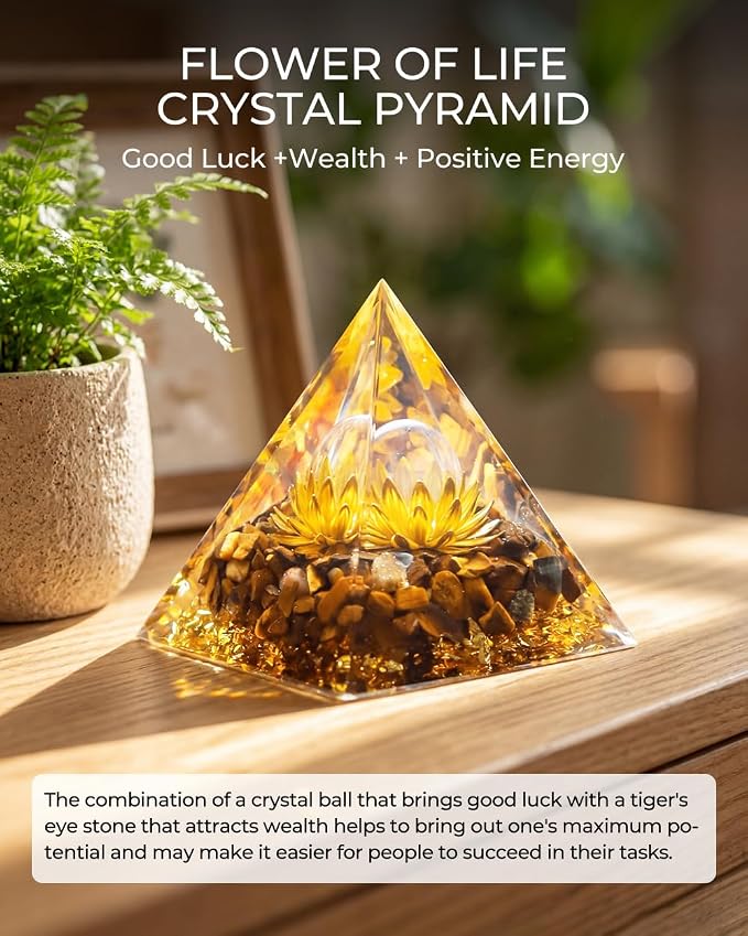 Orgone Pyramid with Healing Crystals - (Flower of Life) - Energy Generator for Positive Vibe, Stress Relief & Chakra Reiki Meditation - Spiritual Gift for Success, Wealth & Prosperity (Golden)