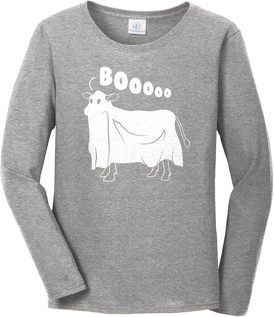 Threadrock Women's Cow Ghost Saying Moo Long Sleeve T-Shirt