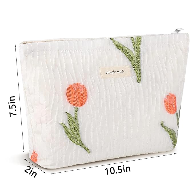 ZLFSRQ Makeup Bag Travel Cosmetic Bag for Purse Floral Zipper Makeup Pouch for Women Small Cute Flower Cosmetic Pouch Toiletry Bag Pencil Case Portable Organizer Canvas Aesthetic Gift (Tulip)