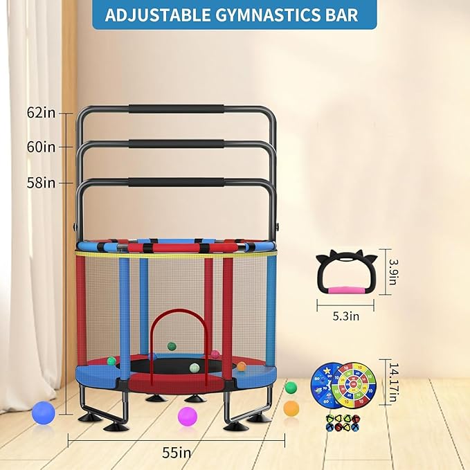 Trampoline for Kids, Upgrade Full Anti-Rust 440lbs Indoor Outdoor Toddler Trampoline with Net, 55" Adjustable Baby Toddler Trampolines Accessories Dart Board