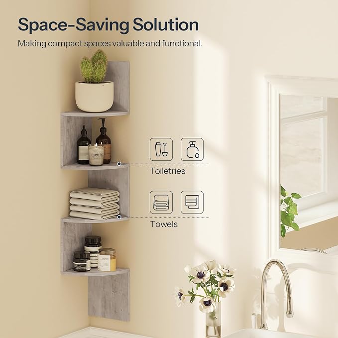 HOOBRO Corner Shelf Wall-Mounted, Set of 2 Floating Corner Shelves for Wall, 4-Tier Corner Bookshelves for Wall Decor in Living Room, Bedroom, Bathroom, Home Office, Greige BG25BJP201