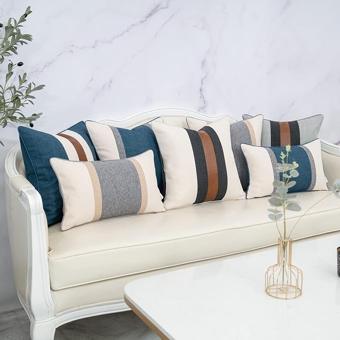 Patchwork Pillow Cover 20x20 Inch Luxury Cotton and Linen Cushion Cover Square Pillowcover for Couch Bedroom Living Room, Blue