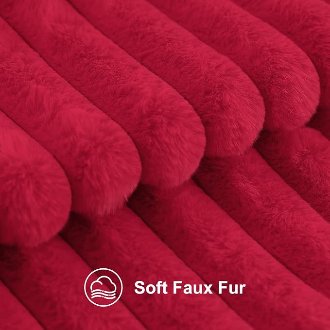 decorUhome Fall Faux Fur Throw Pillow Covers 20x20 Set of 2 Red | Decorative Soft Cozy Striped Plush Modern Farmhouse Boho Couch Pillow Cases Velvet Back for Sofa Bed Living Room Home Decor