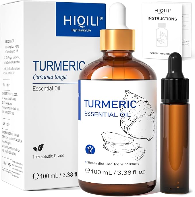 HIQILI Turmeric Oil for Face, Skin Care & Aromatherapy | With 10ml Travel Bottle, Dilute with Carrier Oil for Body & Scalp Massage, Ideal for DIY Crafts –100mL / 3.38 fl oz