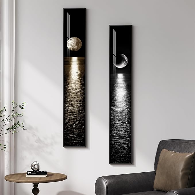 Framed Vertical Moon Wall Art Set of 2, Modern Black White Gold Landscape Canvas Prints Artwork for Walls, Long Narrow Night Sea Pictures for Living Room Bedroom Dining Room Entryway Hallway Wall Decor