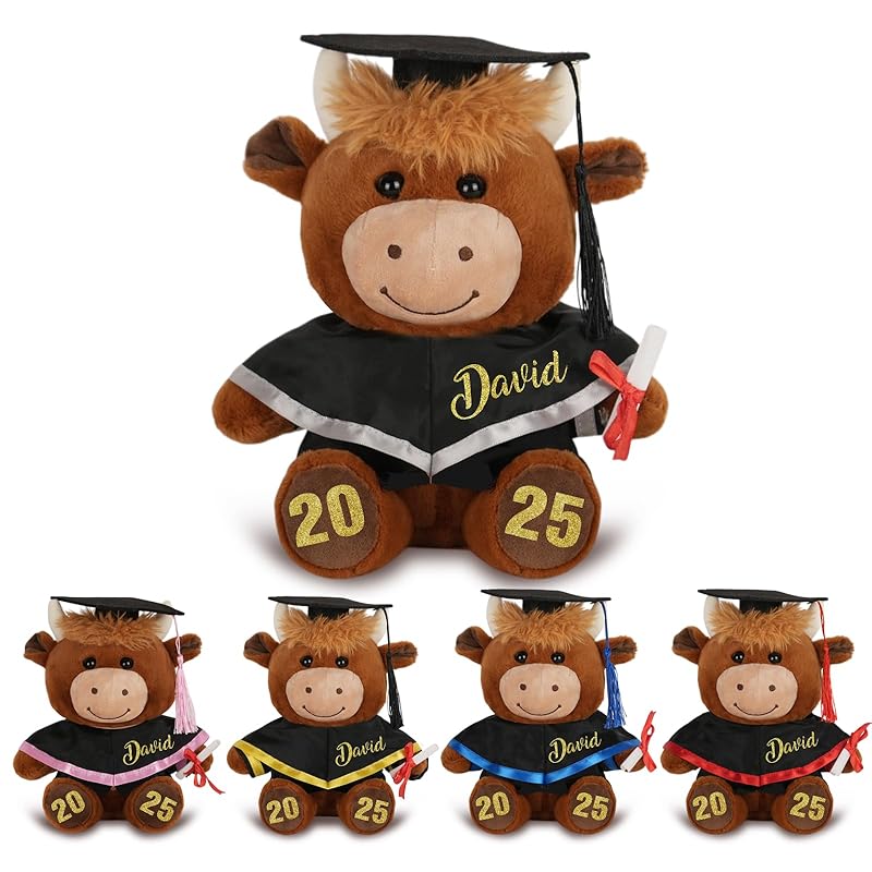 Custom Graduation Highland Cow with Name Date, Personalized 2025 Graduation Stuffed Animal for Kids Students, Cute Pre K Kindergarten High School College Grad Gift for Him/Her
